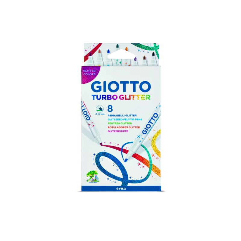 Giotto Turbo Glitter Pack de 8 marqueurs à encre pailletée - Pointe fine 2,8 mm - Couleurs assorties