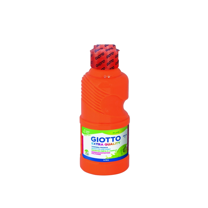 Tempera Fluo Giotto Extra Quality - 250 ml - Prête à l'emploi - Bouteille en PET bio - Couleur orange fluorescent