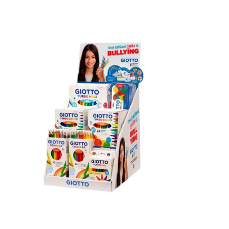 Présentoir Giotto contre le harcèlement avec 40 marqueurs, crayons de couleur, aquarelles et pâte à modeler de différents format