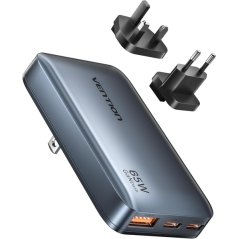 Chargeur mural Vention - Ultra-fin - 65 W - GaN - Prises interchangeables UE et Royaume-Uni - 2 ports USB-C - 1 port USB-A - Cha