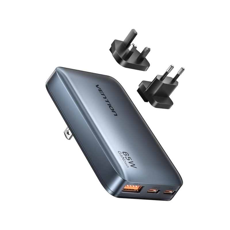 Chargeur mural Vention - Ultra-fin - 65 W - GaN - Prises interchangeables UE et Royaume-Uni - 2 ports USB-C - 1 port USB-A - Cha