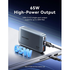Chargeur mural Vention - Ultra-fin - 65 W - GaN - Prises interchangeables UE et Royaume-Uni - 2 ports USB-C - 1 port USB-A - Cha