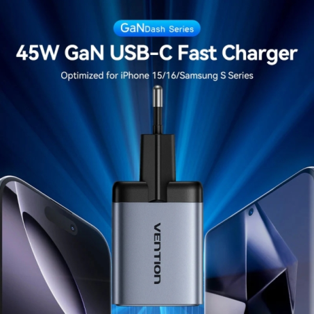 Chargeur mural Vention - 45 W - GaN - 2 ports USB-C - Power Delivery 3.0 - Qualcomm 3.0 - Charge rapide - Gris