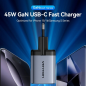Chargeur mural Vention - 45 W - GaN - 2 ports USB-C - Power Delivery 3.0 - Qualcomm 3.0 - Charge rapide - Gris