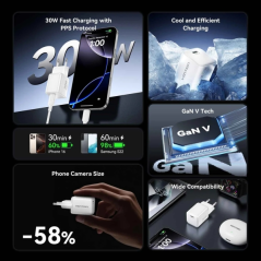 Chargeur mural Vention - 30 W - GaN - USB-C - Power Delivery 3.0 - Qualcomm 3.0 - Charge rapide - Blanc
