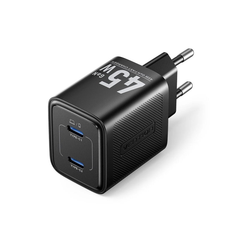 Chargeur mural Vention - 45 W - GaN - 2 ports USB-C - Power Delivery 3.0 - Qualcomm 3.0 - Charge rapide - Noir