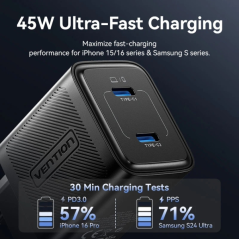 Chargeur mural Vention - 45 W - GaN - 2 ports USB-C - Power Delivery 3.0 - Qualcomm 3.0 - Charge rapide - Noir