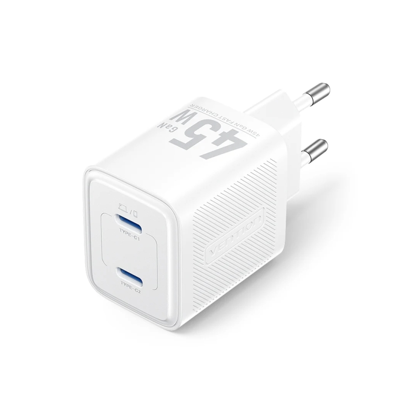 Chargeur mural Vention - 45 W - GaN - 2 ports USB-C - Power Delivery 3.0 - Qualcomm 3.0 - Blanc