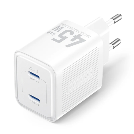 Chargeur mural Vention - 45 W - GaN - 2 ports USB-C - Power Delivery 3.0 - Qualcomm 3.0 - Blanc