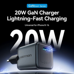 Chargeur mural Vention - 20 W - GaN - USB-C - Power Delivery 3.0 - Qualcomm 3.0 - Charge rapide - Gris