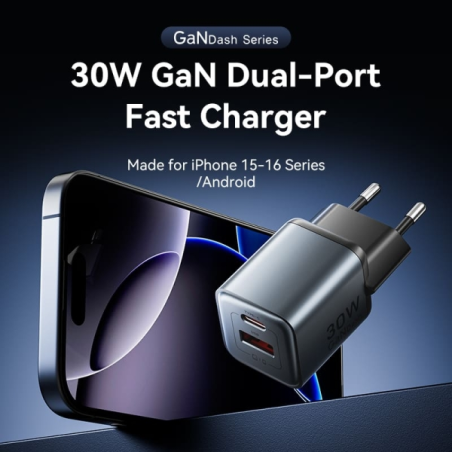 Chargeur mural Vention - 30 W - GaN - USB-C - USB-A - Charge rapide - Technologie PPS - Gris