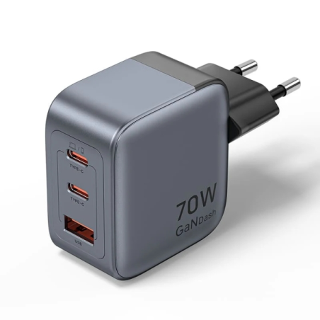 Chargeur mural Vention - 70 W - GaN - 2 ports USB-C - 1 port USB-A - Charge rapide - Technologie PPS - Gris