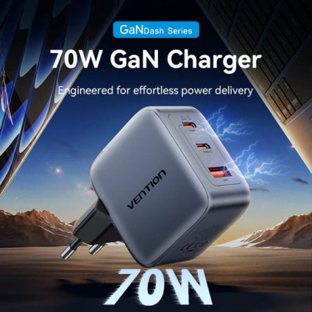 Chargeur mural Vention - 70 W - GaN - 2 ports USB-C - 1 port USB-A - Charge rapide - Technologie PPS - Gris