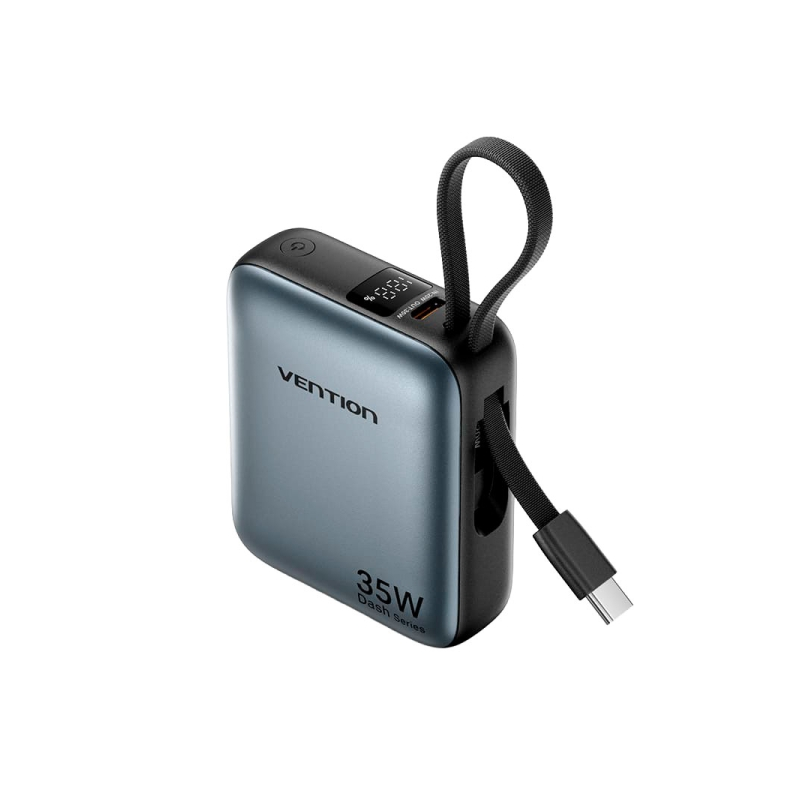 Batterie externe Vention Mini 10 000 mAh - Puissance de sortie jusqu'à 35 W - Câble USB-C intégré - Technologie Power Delivery -