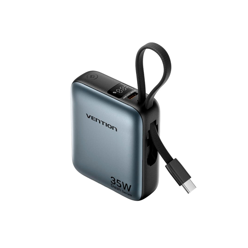 Batterie externe Vention Mini 10 000 mAh - Puissance de sortie jusqu'à 35 W - Câble USB-C intégré - Technologie Power Delivery -