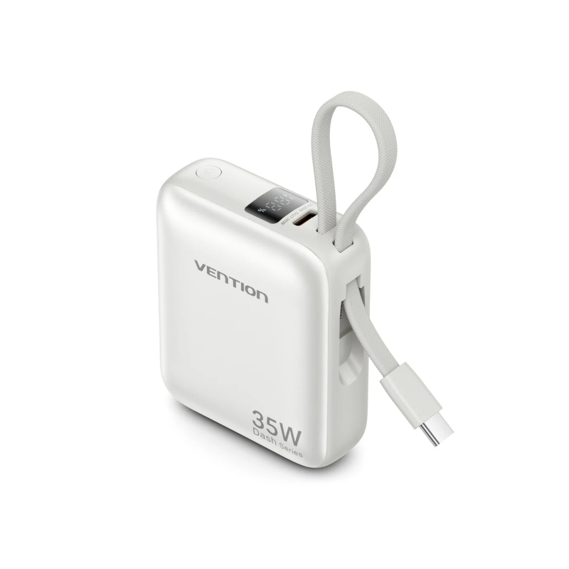 Batterie externe Vention Mini 10 000 mAh - Puissance de sortie jusqu'à 35 W - Câble USB-C intégré - Technologie Power Delivery -
