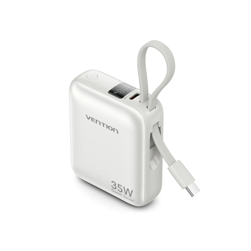 Batterie externe Vention Mini 10 000 mAh - Puissance de sortie jusqu'à 35 W - Câble USB-C intégré - Technologie Power Delivery -