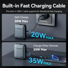 Batterie externe Vention Mini 10 000 mAh - Puissance de sortie jusqu'à 35 W - Câble USB-C intégré - Technologie Power Delivery -