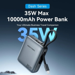 Batterie externe Vention Mini 10 000 mAh - Puissance de sortie jusqu'à 35 W - Câble USB-C intégré - Technologie Power Delivery -