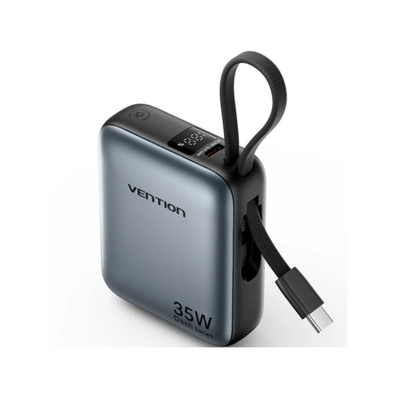 Batterie externe Vention Mini 10 000 mAh - Puissance de sortie jusqu'à 35 W - Câble USB-C intégré - Technologie Power Delivery -