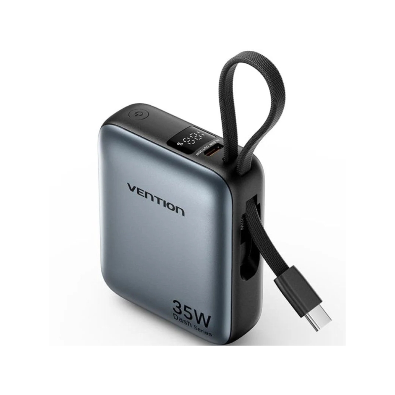 Batterie externe Vention Mini 10 000 mAh - Puissance de sortie jusqu'à 35 W - Câble USB-C intégré - Technologie Power Delivery -