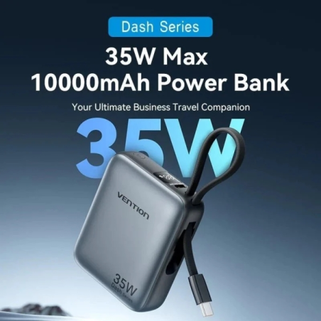 Batterie externe Vention Mini 10 000 mAh - Puissance de sortie jusqu'à 35 W - Câble USB-C intégré - Technologie Power Delivery -
