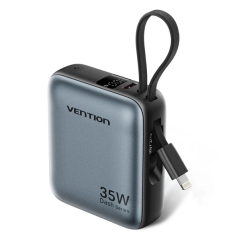 Batterie externe Vention Mini 10 000 mAh - Puissance de sortie jusqu'à 35 W - Câbles USB-C et Lightning intégrés - Affichage num