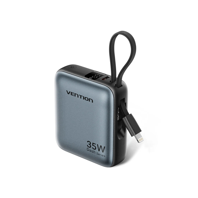 Batterie externe Vention Mini 10 000 mAh - Puissance de sortie jusqu'à 35 W - Câbles USB-C et Lightning intégrés - Affichage num