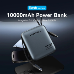 Batterie externe Vention Mini 10 000 mAh - Puissance de sortie jusqu'à 35 W - Câbles USB-C et Lightning intégrés - Affichage num