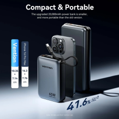 Batterie externe Vention Mini 20 000 mAh - Puissance de sortie jusqu'à 45 W - Câble USB-C intégré - Alimentation Power Delivery