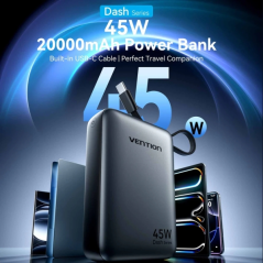 Batterie externe Vention Mini 20 000 mAh - Puissance de sortie jusqu'à 45 W - Câble USB-C intégré - Alimentation Power Delivery