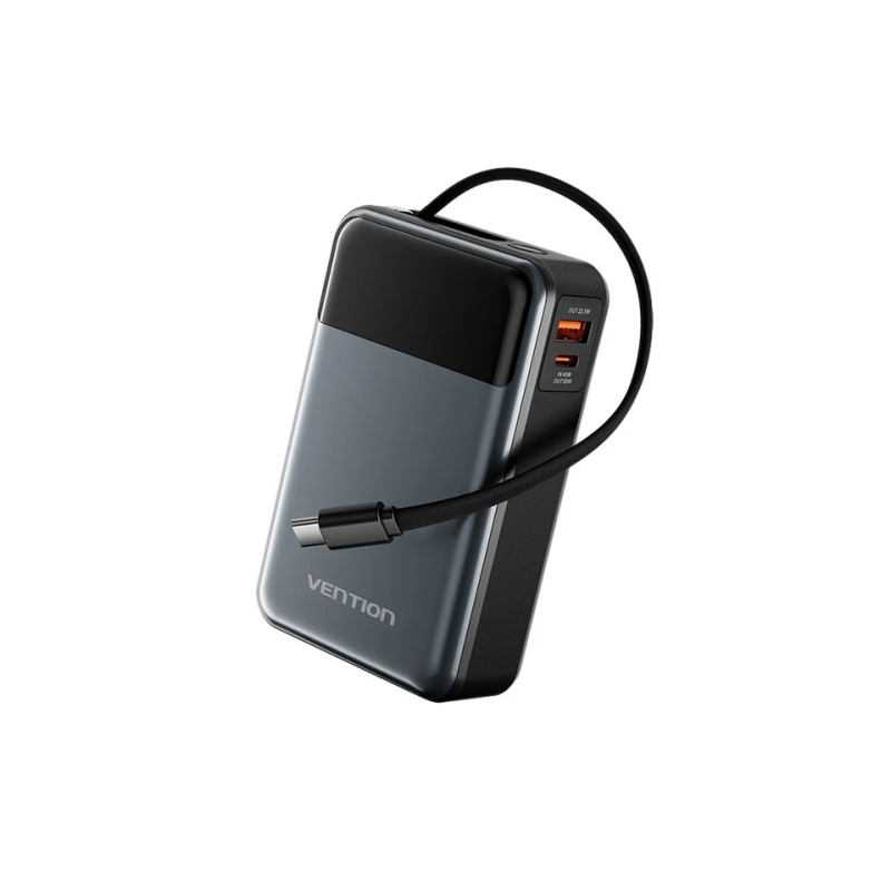 Batterie externe Vention 20 000 mAh - Puissance de sortie jusqu'à 65 W - Câble USB-C intégré - Ports USB-C et USB-A - Affichage