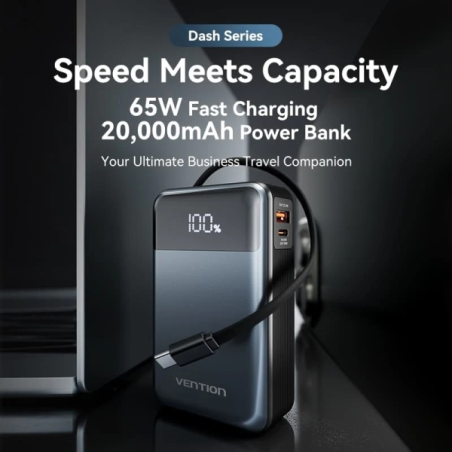 Batterie externe Vention 20 000 mAh - Puissance de sortie jusqu'à 65 W - Câble USB-C intégré - Ports USB-C et USB-A - Affichage