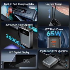 Batterie externe Vention 20 000 mAh - Puissance de sortie jusqu'à 65 W - Câble USB-C intégré - Ports USB-C et USB-A - Affichage