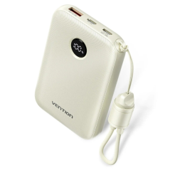 Batterie externe Vention 10 000 mAh - Puissance de sortie jusqu'à 22,5 W - USB-A - USB-C - Affichage LED - Câble USB-C de 17 cm