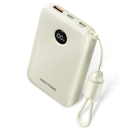 Batterie externe Vention 10 000 mAh - Puissance de sortie jusqu'à 22,5 W - USB-A - USB-C - Affichage LED - Câble USB-C de 17 cm