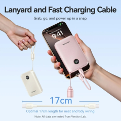 Batterie externe Vention 10 000 mAh - Puissance de sortie jusqu'à 22,5 W - USB-A - USB-C - Affichage LED - Câble USB-C de 17 cm