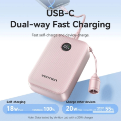 Batterie externe Vention 20 000 mAh - Puissance de sortie jusqu'à 22,5 W - USB-A - USB-C - Affichage LED - Câble USB-C de 17 cm