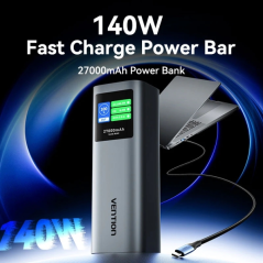 Batterie externe Vention 27 000 mAh - Puissance de sortie jusqu'à 140 W - Alimentation - USB-A - USB-C - Gris