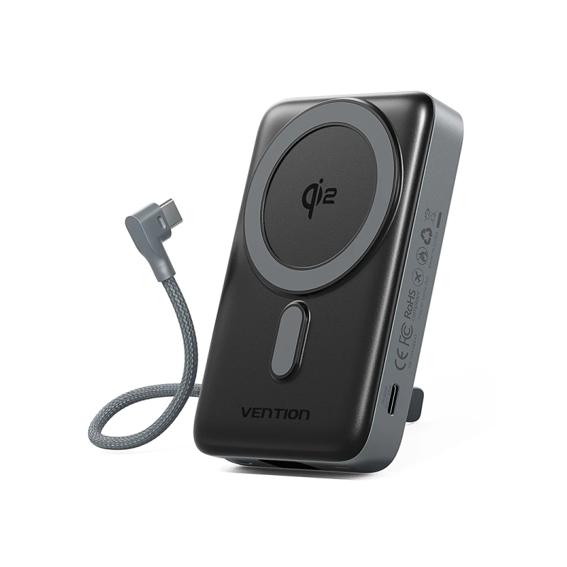Batterie externe Vention 10 000 mAh - Puissance de sortie jusqu'à 25 W - Câble USB-C intégré - Entrée et sortie USB-C - Chargeme