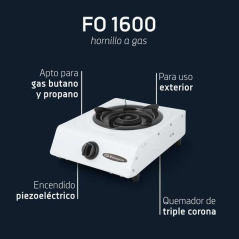 Orbegozo FO 1600 Réchaud à Gaz Blanc - Allumage Piézoélectrique - Brûleur Triple Couronne - Polyvalent et Pratique - Idéal pour