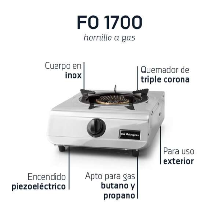 Orbegozo FO 1700 Réchaud à gaz pratique et efficace - Allumage piézoélectrique - Brûleur triple couronne - Corps en acier inoxyd