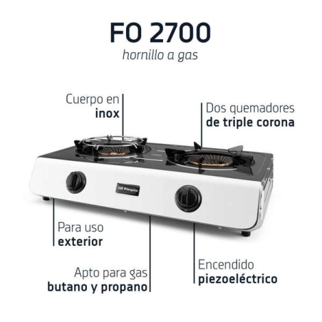 Réchaud à Gaz Orbegozo FO 2700 en Inox - Compact et Polyvalent - 2 Brûleurs Triple Couronne - Allumage Piézoélectrique - pour Ga