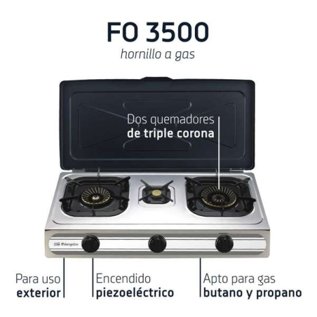 Orbegozo FO 3500 - Cuisinière à gaz compacte et efficace - Allumage piézoélectrique - 3 brûleurs - Corps en acier inoxydable - I