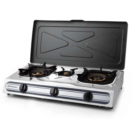 Orbegozo FO 3510 Réchaud à Gaz Inox - Compact et Sûr - 3 Brûleurs - Allumage Piézoélectrique - pour Gaz Butane/Propane