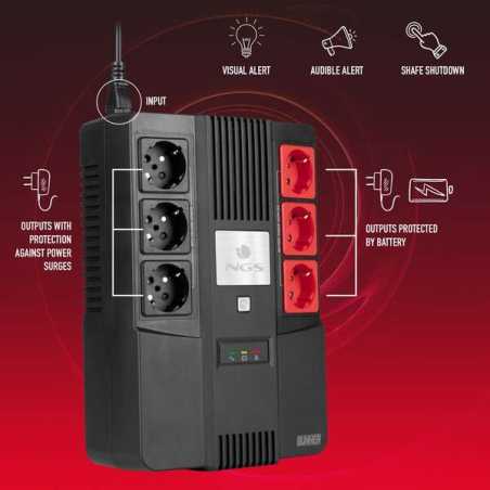 NGS Fortress Bunker SAI 600VA UPS 360W - Batterie intégrée 12V/7 - Technologie Off Line - Fonction AVR - 6x Schukos - Protection
