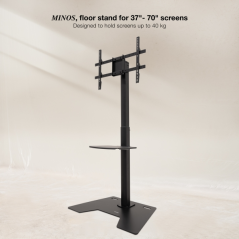 Support de sol Tooq Minos pour écrans de 37 à 70 pouces - Plateau inférieur polyvalent - Hauteur, pivot et rotation réglables -