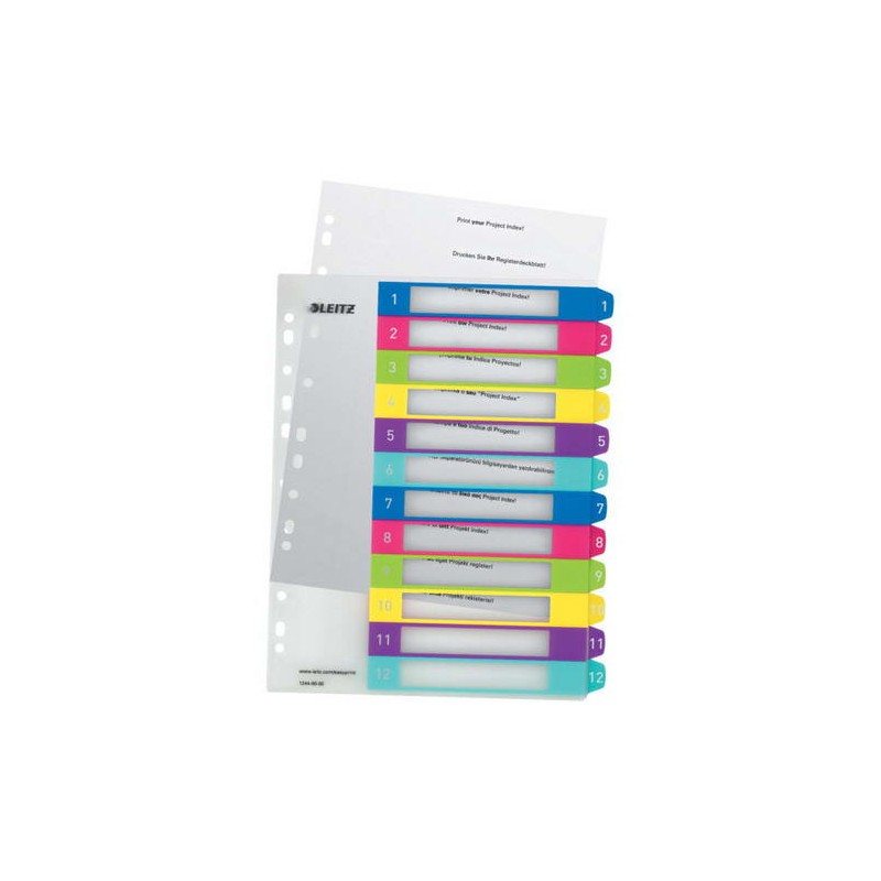 Index plastique imprimable multicolore Leitz WOW 12 onglets - Multi-perceuses - Format A4 - Couleur translucide