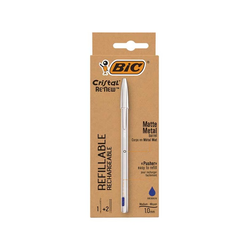 Stylo-bille rechargeable BIC Cristal Re'new bleu avec 2 recharges