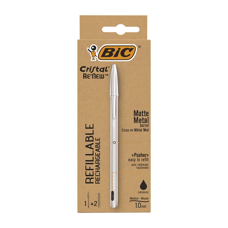 Stylo bille rechargeable noir 1,0 mm Bic Cristal Re'new + 2 recharges Stylo bille rechargeable noir 1,0 mm Bic Cristal Re'new + 2 recharges